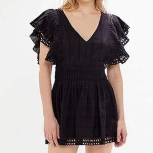 Urban Outfitters Women 0 Black Ruffle Cassie Embroidered Eyelet Tie-Back Romper